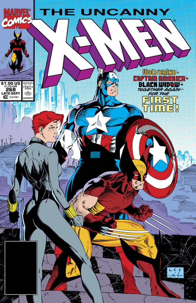 Uncanny X-Men #268 cover; pencils, Jim Lee; inks, Scott Williams; Wolverine, Captain America, Black Widow, Together again for the first time, Madripoor