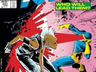 Uncanny X-Men #201 cover; pencils, Rick Leonardi; inks, Whilce Portacio; Who Will Lead Them?, Storm vs. Cyclops for leadership of X-Men