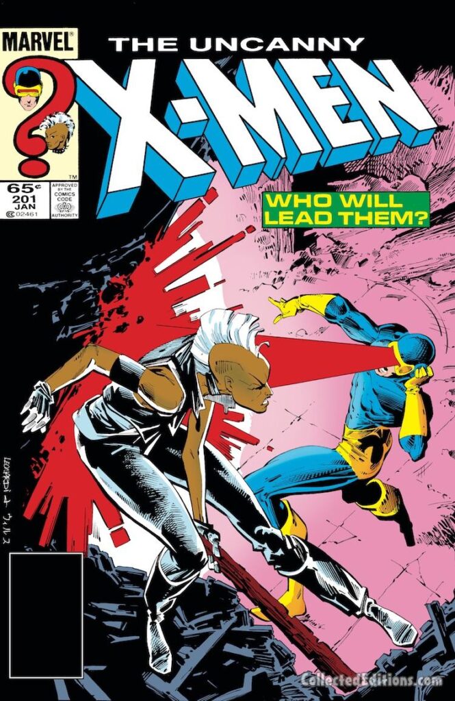 Uncanny X-Men #201 cover; pencils, Rick Leonardi; inks, Whilce Portacio; Who Will Lead Them?, Storm vs. Cyclops for leadership of X-Men