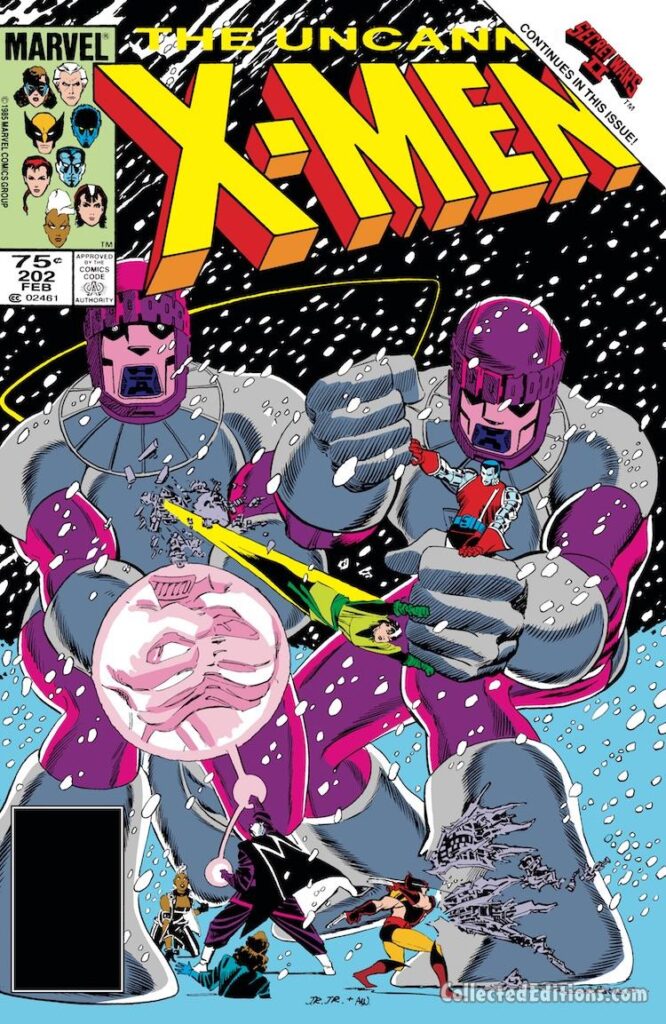 Uncanny X-Men #202 cover; pencils, John Romita Jr.; inks, Al Williamson; Sentinels, Wolverine, Magneto, Storm, Colossus, Beyonder, Secret Wars II crossover
