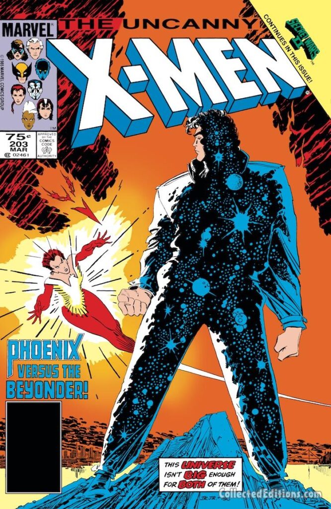 Uncanny X-Men #203 cover; pencils, John Romita Jr.; inks, Al Williamson; Secret Wars II crossover, Beyonder, Rachel Grey, Phoenix versus the Beyonder
