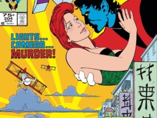 Uncanny X-Men #204 cover; pencils, June Brigman; inks, Terry Austin; Nightcrawler, Lights Camera Murder, Amanda Sefton, biplane, movie star