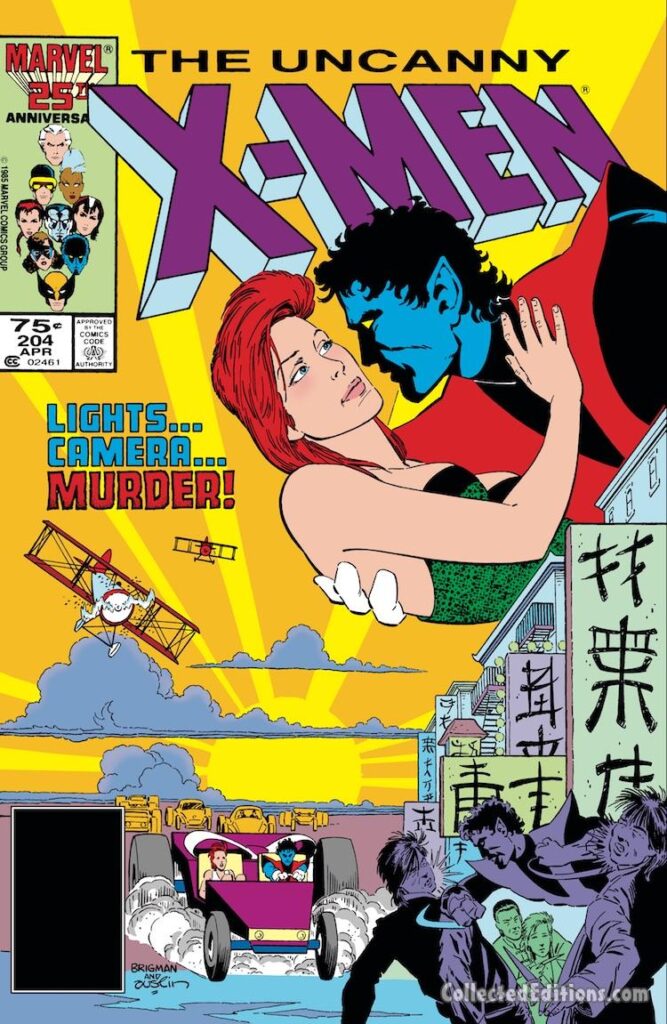 Uncanny X-Men #204 cover; pencils, June Brigman; inks, Terry Austin; Nightcrawler, Lights Camera Murder, Amanda Sefton, biplane, movie star