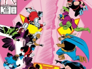 Uncanny X-Men #208 cover; pencils, John Romita Jr.; inks, Dan Green; Colossus, Storm, Rogue, Nightcrawler, Kitty Pryde, Shadowcat, Wolverine, Logan, Sebastian Shaw; Selene; Friedrich Von Roehm; Harry Leland; Nimrod [Sentinel]