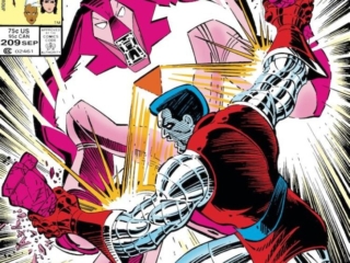 Uncanny X-Men #209 cover; pencils, John Romita Jr.; inks, P. Craig Russell; Colossus vs. Nimrod Sentinel