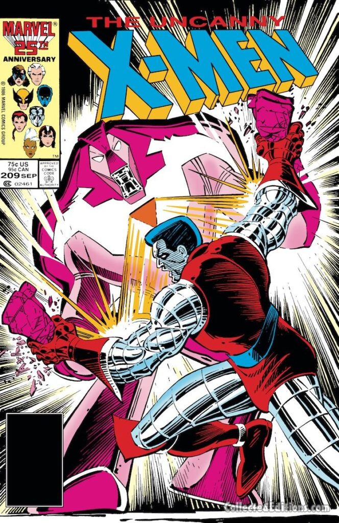 Uncanny X-Men #209 cover; pencils, John Romita Jr.; inks, P. Craig Russell; Colossus vs. Nimrod Sentinel