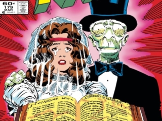 Uncanny X-Men #179 cover; pencils, John Romita Jr.; inks, Dan Green; wedding of Kitty Pryde and Caliban, Morlocks