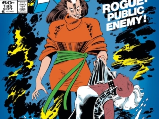 Uncanny X-Men #185 cover; pencils, John Romita Jr.; inks, Dan Green; Rogue/Storm