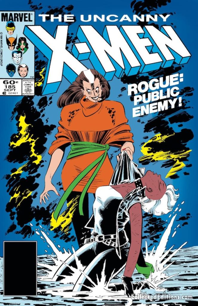 Uncanny X-Men #185 cover; pencils, John Romita Jr.; inks, Dan Green; Rogue/Storm