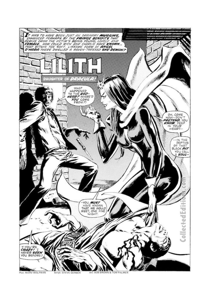 Vampire Tales #6, pg. 2; Lilith in “The Axe Man,” pencils, Bob Brown; inks, Tom Palmer; Steve Gerber, splash page, Daughter of Dracula