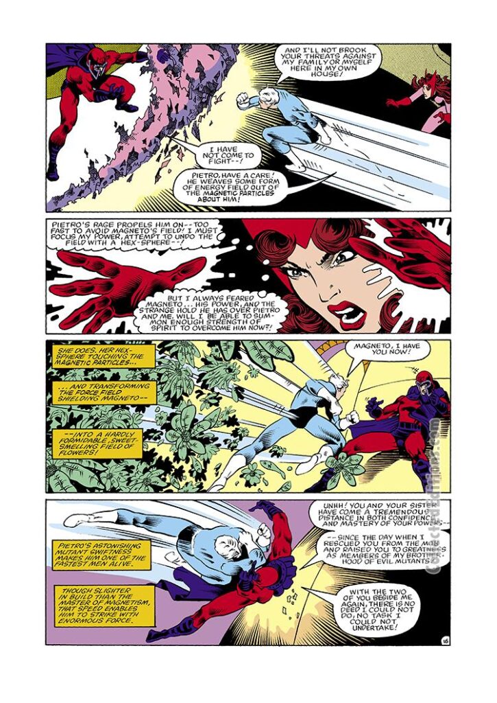 Vision and the Scarlet Witch #4, pg. 16; pencils, Rick Leonardi; inks, Ian Akin, Brian Garvey, Magneto, Quicksilver