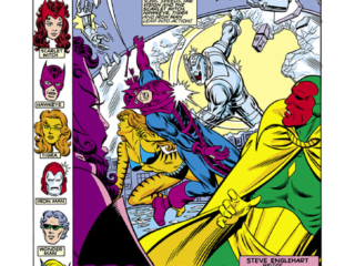 Vision and Scarlet Witch (1985) #2, pg. 1; pencils, Richard Howell; inks, Andy Mushynsky Vision and Scarlet Witch (1985) #2, pg. 1; pencils, Richard Howell; inks, Andy Mushynsky; Avengers Assemble, West Coast, Brothers, Steve Englehart, splash page, Ultron, Hawkeye, Tigra
