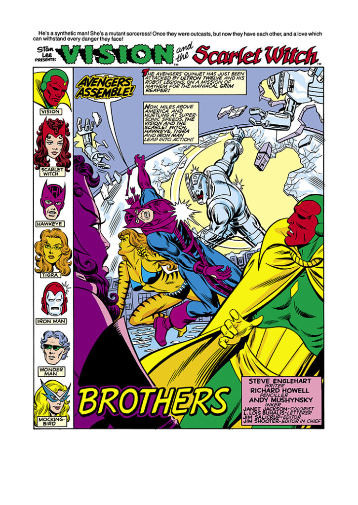 Vision and Scarlet Witch (1985) #2, pg. 1; pencils, Richard Howell; inks, Andy Mushynsky; Avengers Assemble, West Coast, Brothers, Steve Englehart, splash page, Ultron, Hawkeye, Tigra