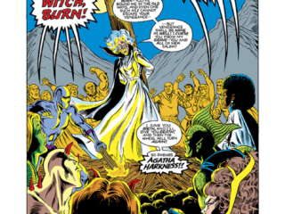 Vision and Scarlet Witch #3, pg. 1; pencils, Richard Howell; inks, Jim Mooney; Stan Lee Presents, splash page, Burn Witch Burn, Agatha Harkness; Salem&rsquo;s Seven, Reptill, Hydron, Vertigo