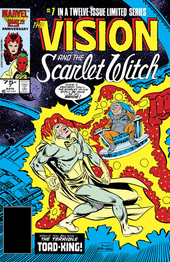 Vision and Scarlet Witch #7 cover; pencils, Richard Howell; inks, Frank Springer; Twelve-Issue Limited Series, Terrible Toad-King