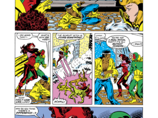 Vision and Scarlet Witch #8, pg. 6; pencils, Richard Howell; inks, Frank Springer; Luke Cage, Idols of Zor, Crystal, Inhumans