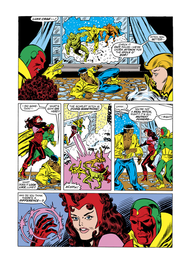 Vision and Scarlet Witch #8, pg. 6; pencils, Richard Howell; inks, Frank Springer; Luke Cage, Idols of Zor, Crystal, Inhumans