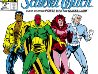 Vision and Scarlet Witch #8 cover; pencils, Richard Howell; inks, Frank Springer; Twelve-Issue Limited Series, Guest-Starring Power Man and Quicksilver, Demon Busters, Luke Cage