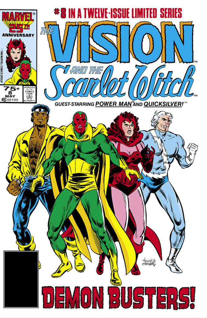 Vision and Scarlet Witch #8 cover; pencils, Richard Howell; inks, Frank Springer; Twelve-Issue Limited Series, Guest-Starring Power Man and Quicksilver, Demon Busters, Luke Cage