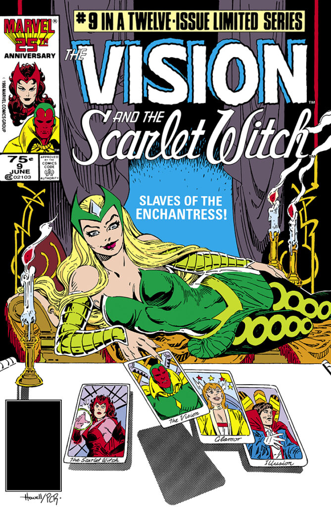 Vision and Scarlet Witch #9 cover; pencils, Richard Howell; inks, P. Craig Russell; Twelve-Issue Limited Series, Slaves of the Enchantress, tarot cards, Glamor, Illusion