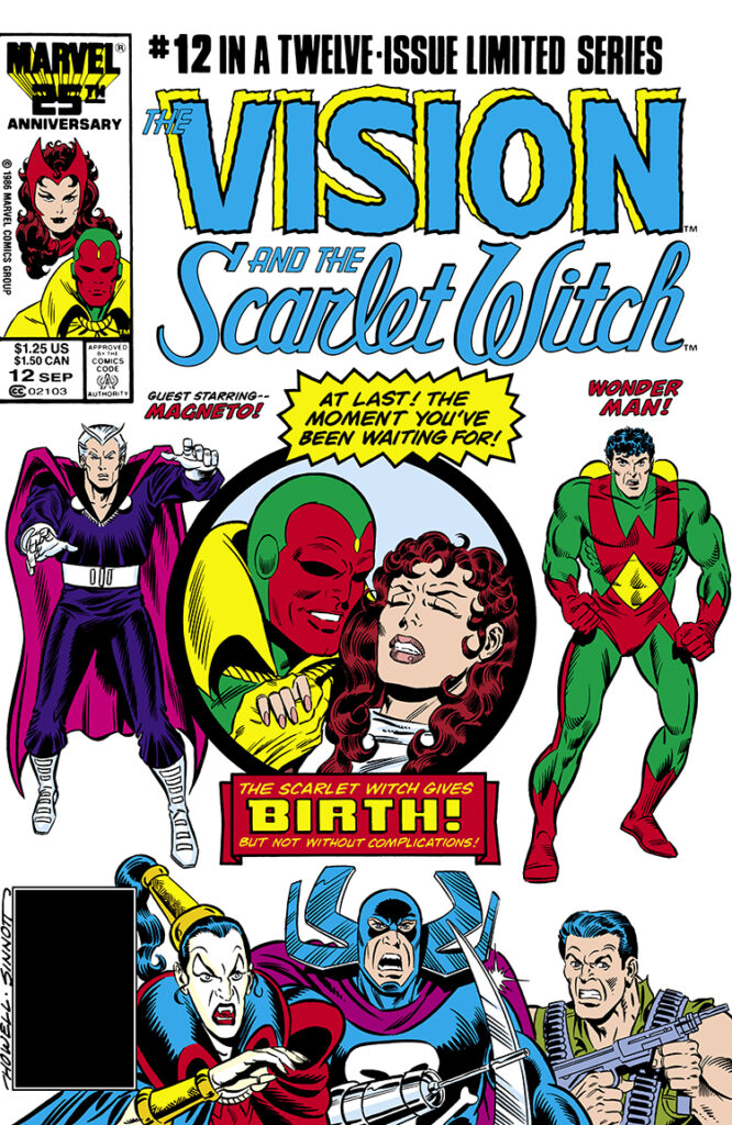 Vision and Scarlet Witch #12 cover; pencils, Richard Howell; inks, Joe Sinnott; Twelve-Issue Limited Series, Guest-Starring Magneto, Wonder Man, Simon Williams, Wanda Maximoff Gives Birth but not without complications, Nekra, Grim Reaper, Brady Kent