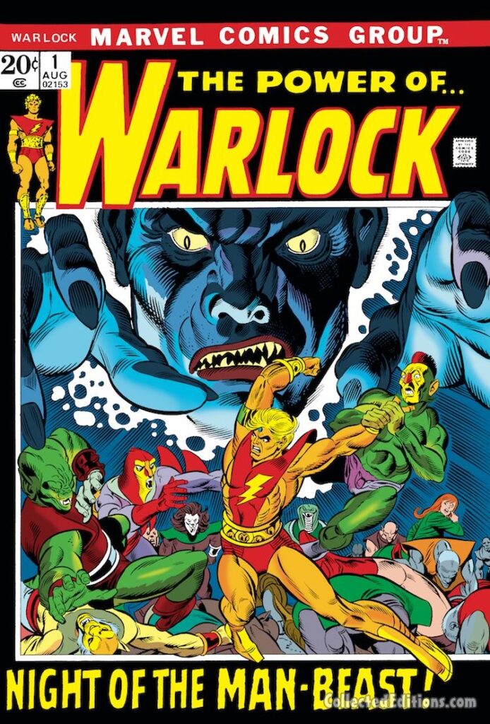 Warlock #1 cover; pencils, Gil Kane; inks, Joe Sinnott; alterations, John Romita Sr.; The Power of... Night of the Man-Beast, High Evolutionary