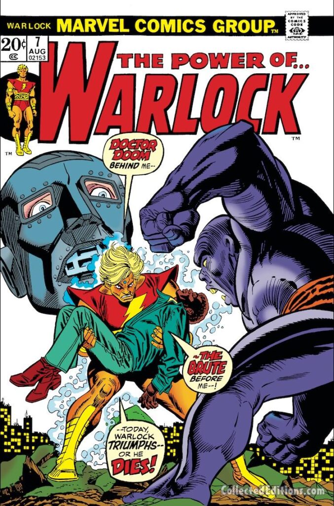 Warlock #7 cover; pencils, Gil Kane; inks, Frank Giacoia; Adam Warlock, Doctor Doom, the Brute