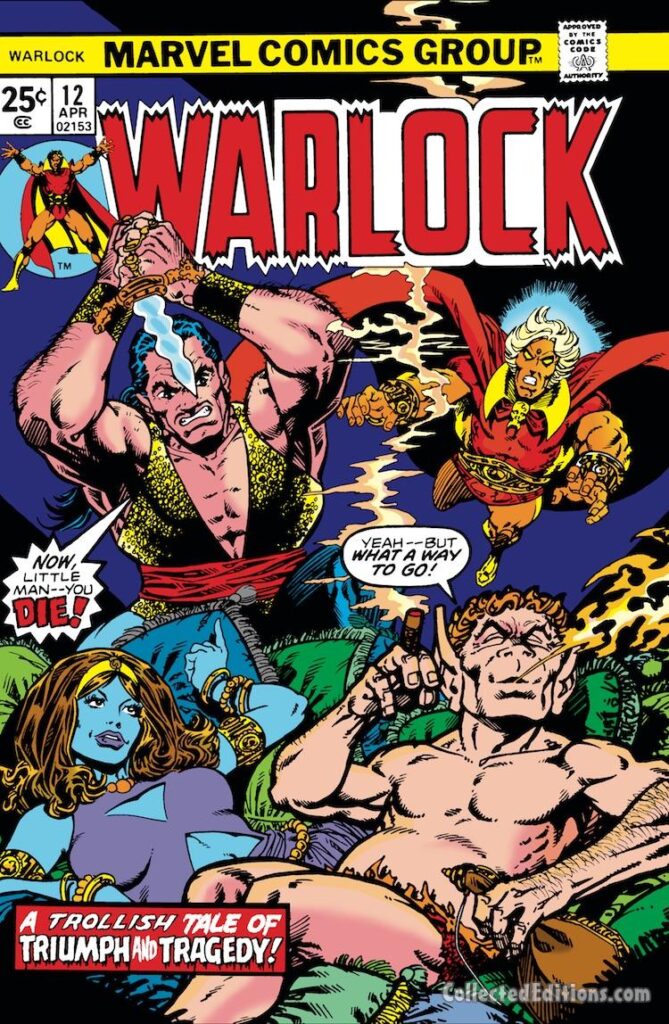 Warlock #12 cover; pencils and inks, Jim Starlin; Pip the Troll, Adam Warlock;
