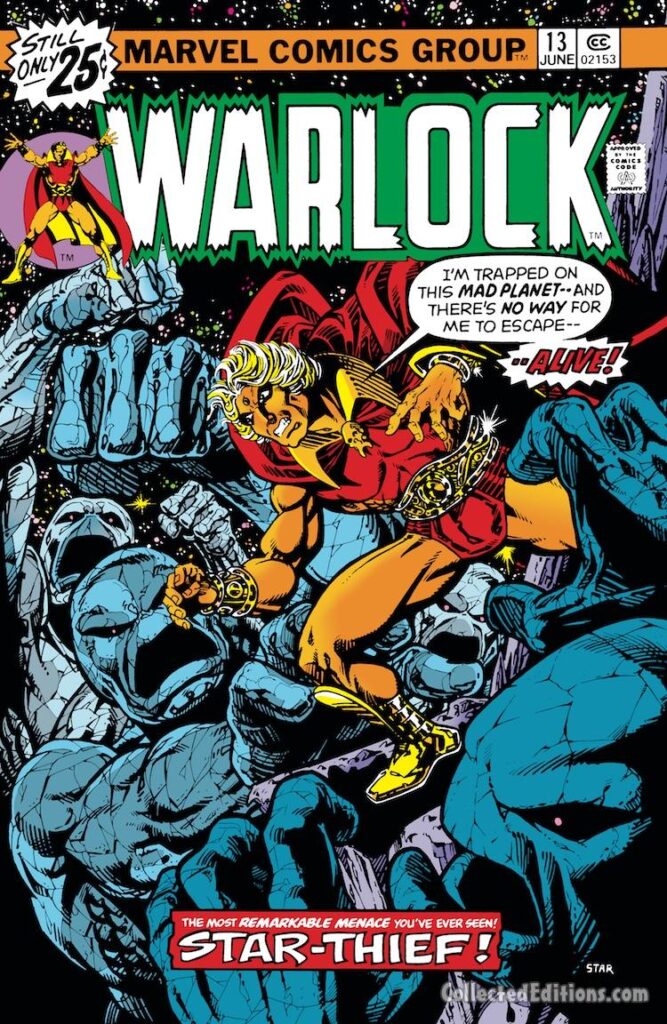 Warlock #13 cover; pencils and inks, Jim Starlin; Adam Warlock; Star-Thief
