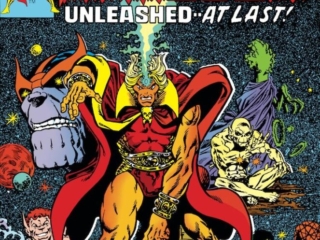 Warlock #15 cover; pencils and inks, Jim Starlin; Thanos, Adam Warlock, Pip the Troll; Gamora;