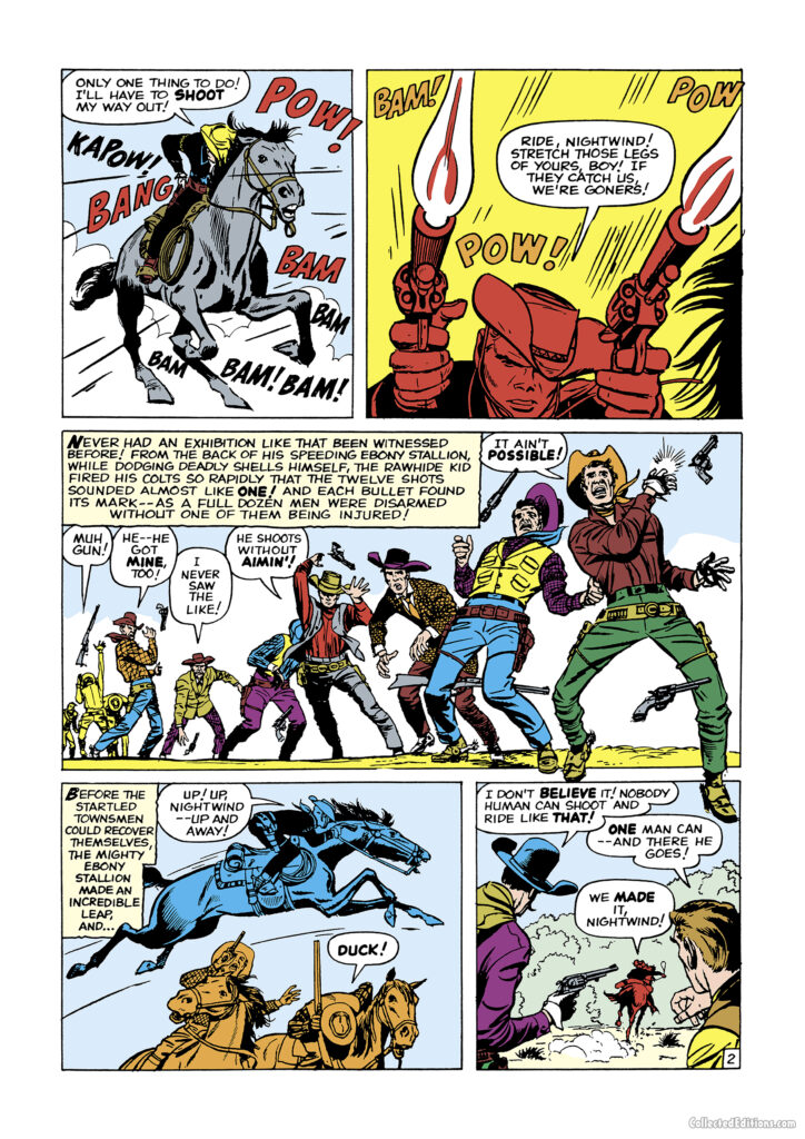 Rawhide Kid #18. &ldquo;At the Mercy of Wolf Waco!&rdquo;, pg. 2; pencils, Jack Kirby; inks, Dick Ayers; Nightwind
