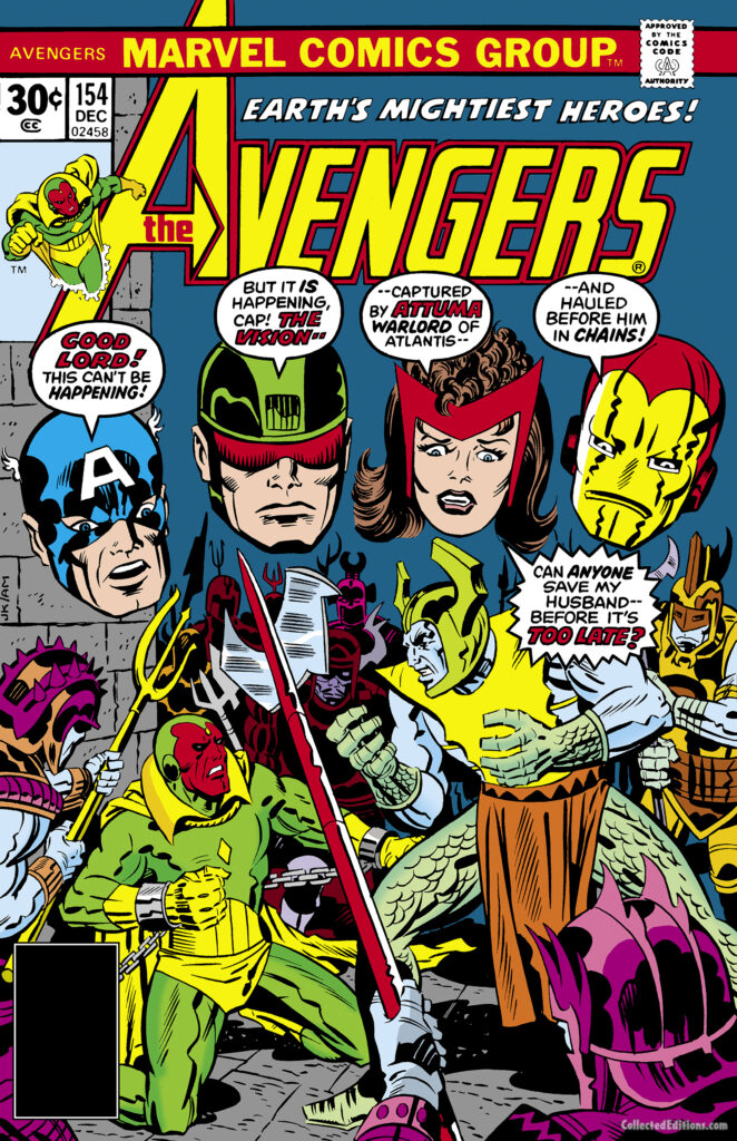 Avengers #154 cover; pencils, Al Milgrom, Jack Kirby; inks, Al Milgrom; Avengers, Vision, Attuma