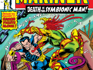 Marvel Spotlight #27 cover; pencils, Gil Kane; inks, Frank Giacoia; Death is the Symbionic Man; Sub-Mariner, Namor fights alone