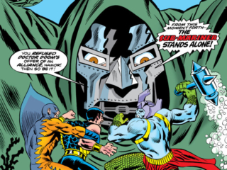 Super-Villain Team-Up #1 cover; pencils, Ron Wilson; inks, Frank Giacoia; Tiger Shark, Doctor Doom, Attuma, Dr. Dorcas, Slayers from the Sea, Sub-Mariner