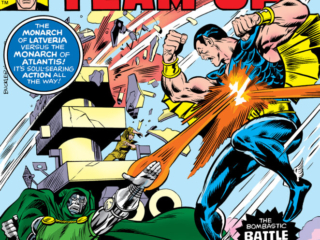 Super-Villain Team-Up #4 cover; pencils, Rich Buckler; inks, Dan Adkins; A duel of Titans, Doctor Doom, Namor