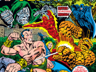 Super-Villain Team-Up #6 cover; pencils, Jim Starlin; inks, Alan Weiss; alterations, John Romita Sr.; Fantastic Four, Doctor Doom, Sub-Mariner