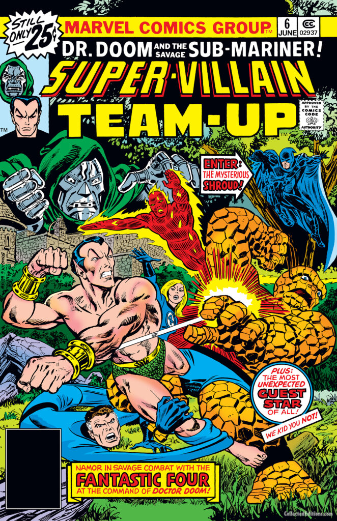 Super-Villain Team-Up #6 cover; pencils, Jim Starlin; inks, Alan Weiss; alterations, John Romita Sr.; Fantastic Four, Doctor Doom, Sub-Mariner