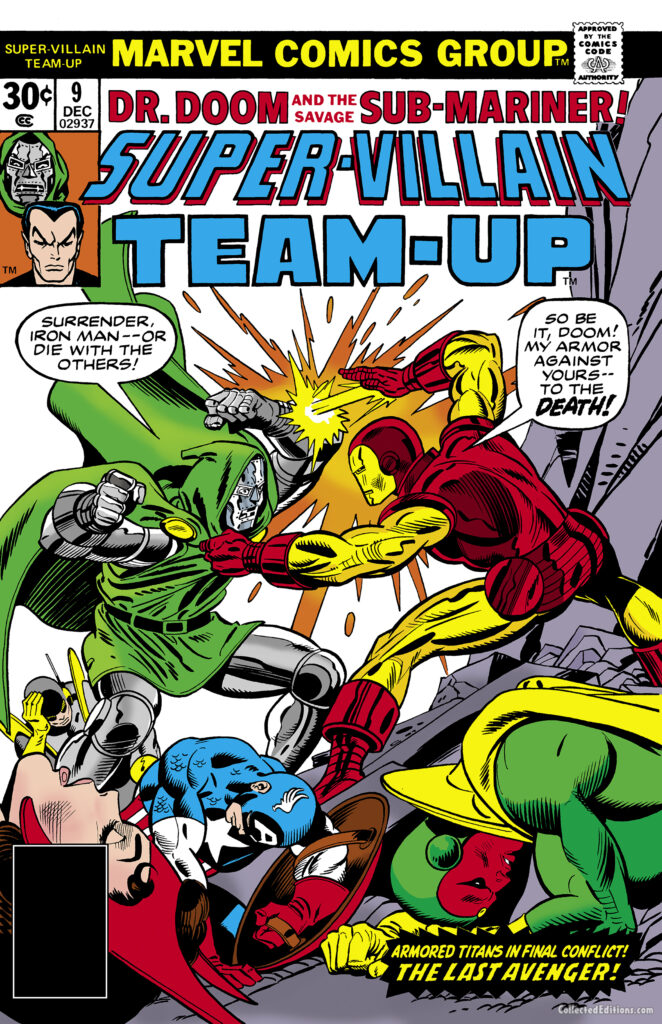 Super-Villain Team-Up #9 cover; pencils, Gil Kane; inks, Dan Adkins; Doctor Doom versus Avengers