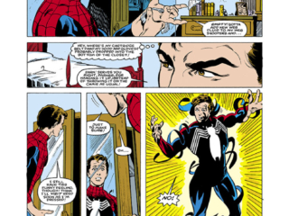 Web of Spider-Man #1, pg. 3; pencils, Greg LaRocque; inks, Jim Mooney; black costume, alien symbiote