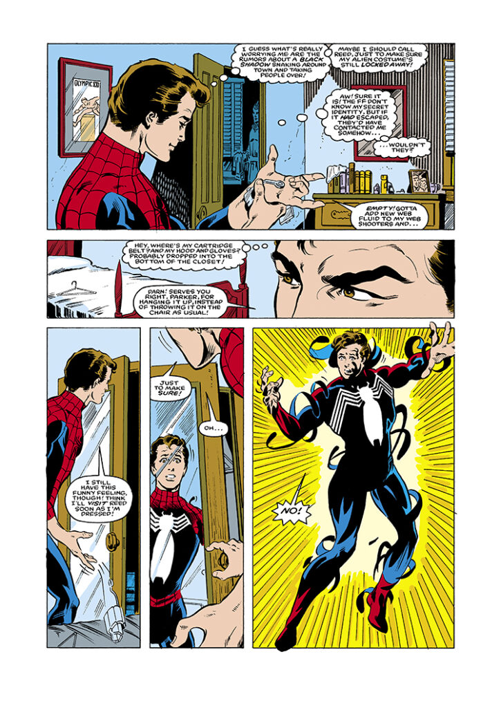 Web of Spider-Man #1, pg. 3; pencils, Greg LaRocque; inks, Jim Mooney; black costume, alien symbiote