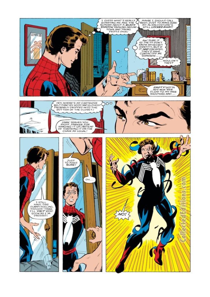 Web of Spider-Man #1, pg. 3; pencils, Greg LaRocque; inks, Jim Mooney; black costume; alien symbiote