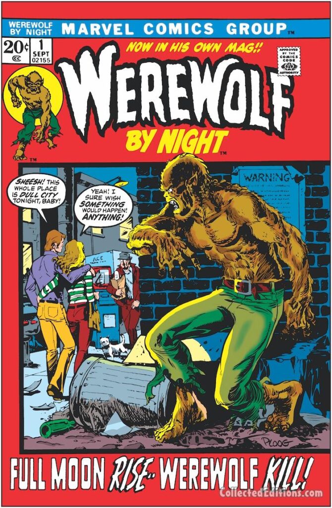 Werewolf by Night #1 cover; pencils and inks, Mike Ploog; Full Moon Rise, Werewolf Kill, first issue, Jack Russell