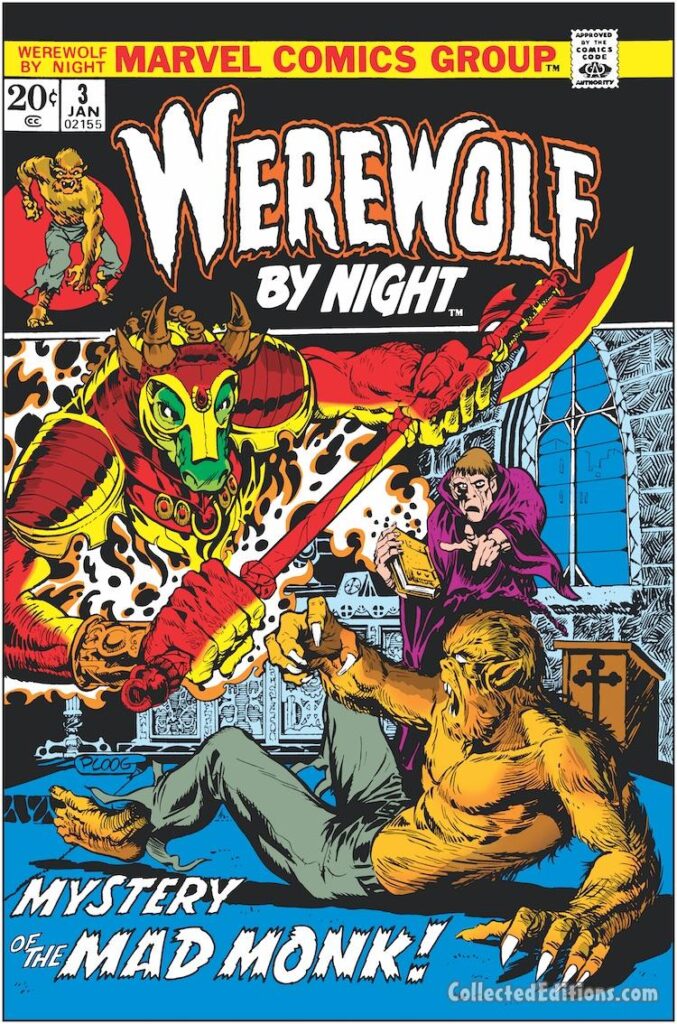 Werewolf by Night #3 cover; pencils and inks, Mike Ploog; Mystery of the Mad Monk, Aelfric; Dragonus