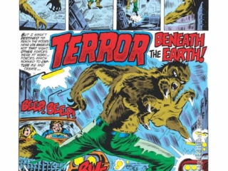 Werewolf by Night #9, pg. 1; pencils and inks, Tom Sutton; Terror Beneath the Earth, splash page, Gerry Conway, writer, Jack Russell, Roy Thomas, Len Wein