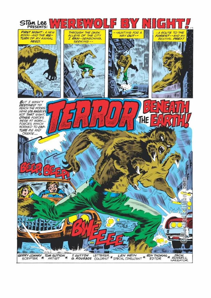 Werewolf by Night #9, pg. 1; pencils and inks, Tom Sutton; Terror Beneath the Earth, splash page, Gerry Conway, writer, Jack Russell, Roy Thomas, Len Wein