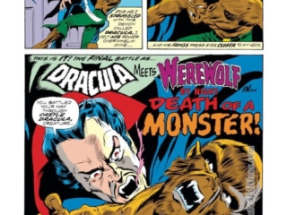 Werewolf by Night #15, pg. 1; pencils, Mike Ploog; inks, Frank Chiaramonte; Transylvania, Tomb of Dracula, Count Dracula, Jack Russell, Death of a Monster, Marv Wolfman, writer, splash page, Roy Thomas