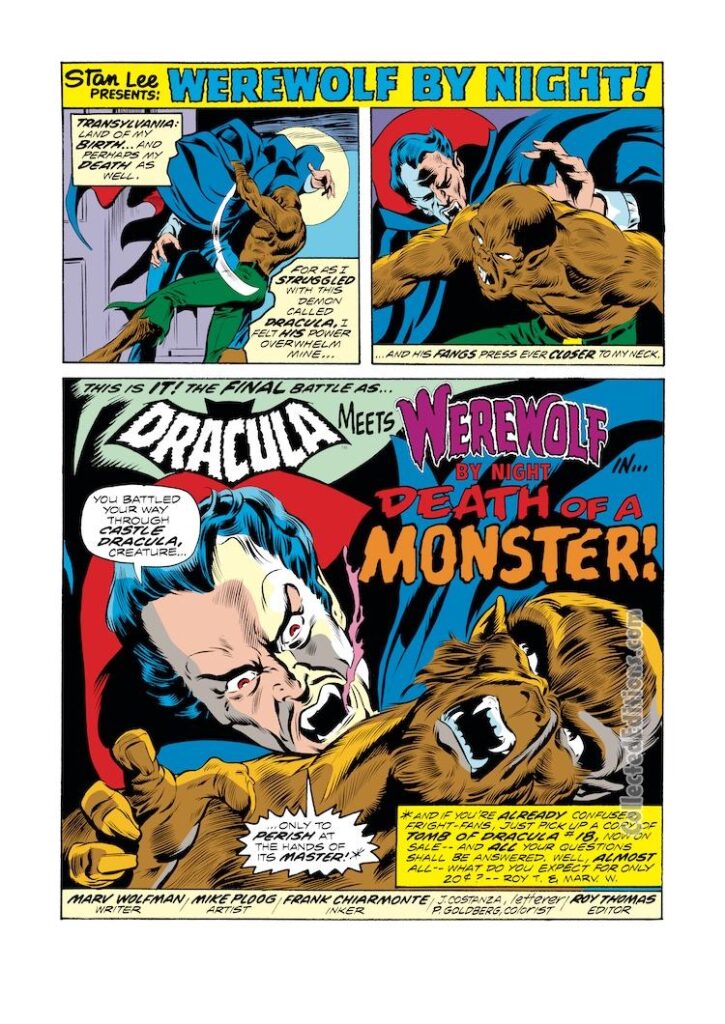 Werewolf by Night #15, pg. 1; pencils, Mike Ploog; inks, Frank Chiaramonte; Transylvania, Tomb of Dracula, Count Dracula, Jack Russell, Death of a Monster, Marv Wolfman, writer, splash page, Roy Thomas