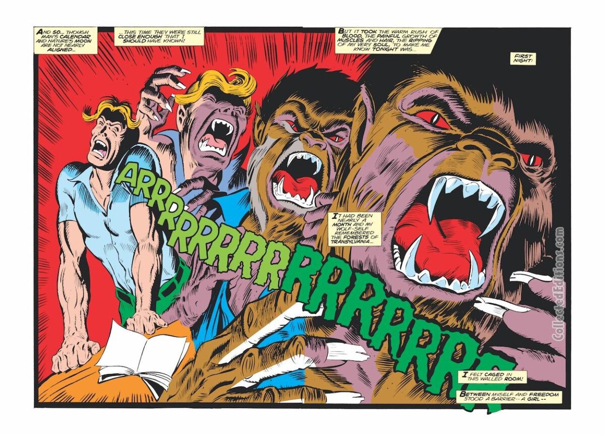 Werewolf by Night #17, pgs. 12-13; pencils and inks, Don Perlin; double-page spread
