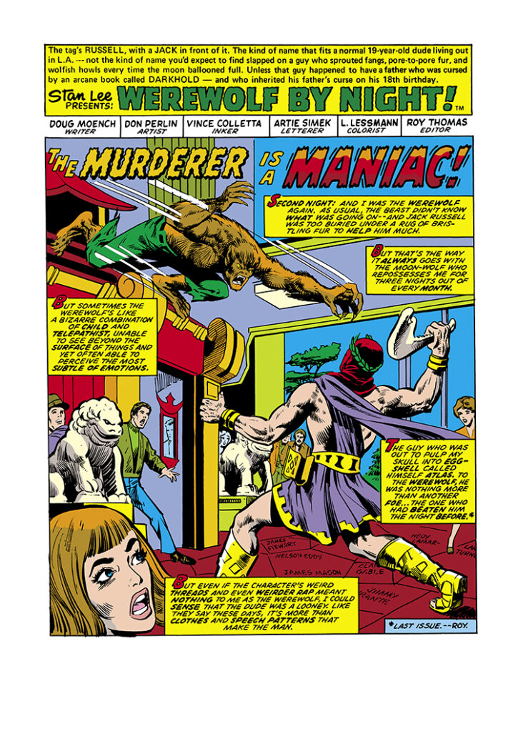 Werewolf by Night #23, pg. 1; pencils, Don Perlin; inks, Vince Colletta; The Murderer is a Maniac, splash page, Doug Moench