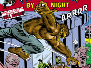 Werewolf by Night #23 cover; pencils, Ron Wilson; inks, Frank Giacoia; alterations, John Romita Sr.; Jack Russell, Man into Wolf, beneath the full moon, Who will fire the silver bullet for a werewolf
